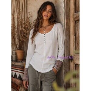 FREE PEOPLE Ivory Newbie Alpine Knit Cuff Thermal Henley Top L